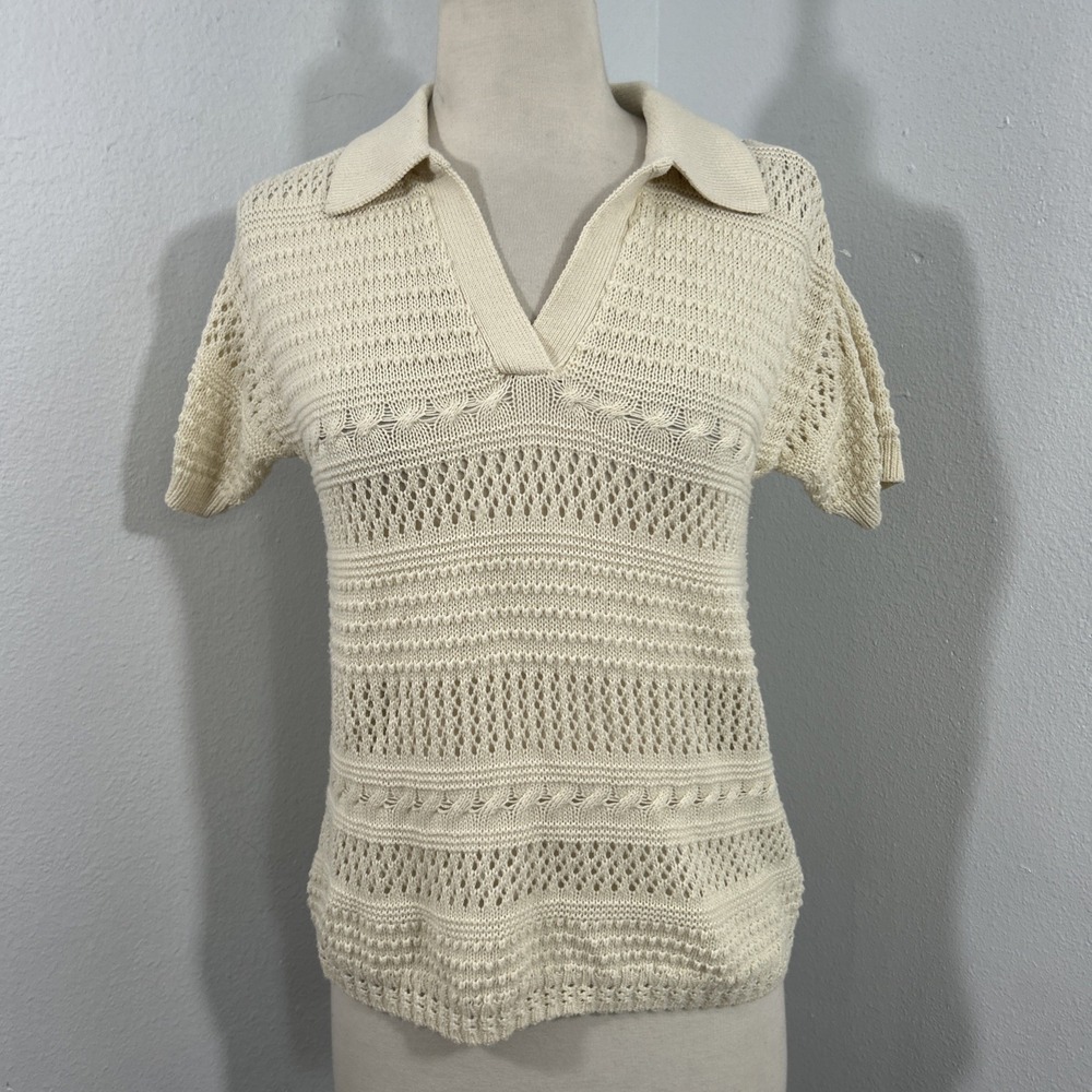 Joieβ Polo Sweater Womens XS Beige Crochet Open knit Boho Indie Sleaze Preppy